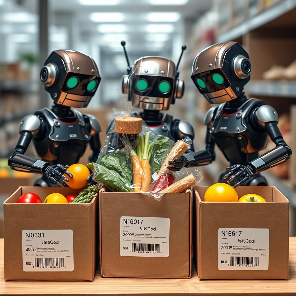 Funny Cyberdroids Packing Groceries in a Cyberpunk Aesthetic