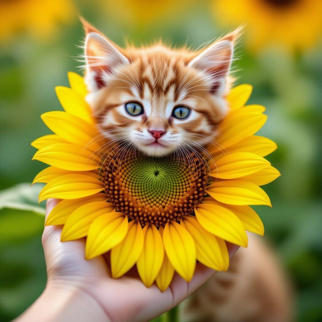 Kitten Holding Sunflower in Realistic Style