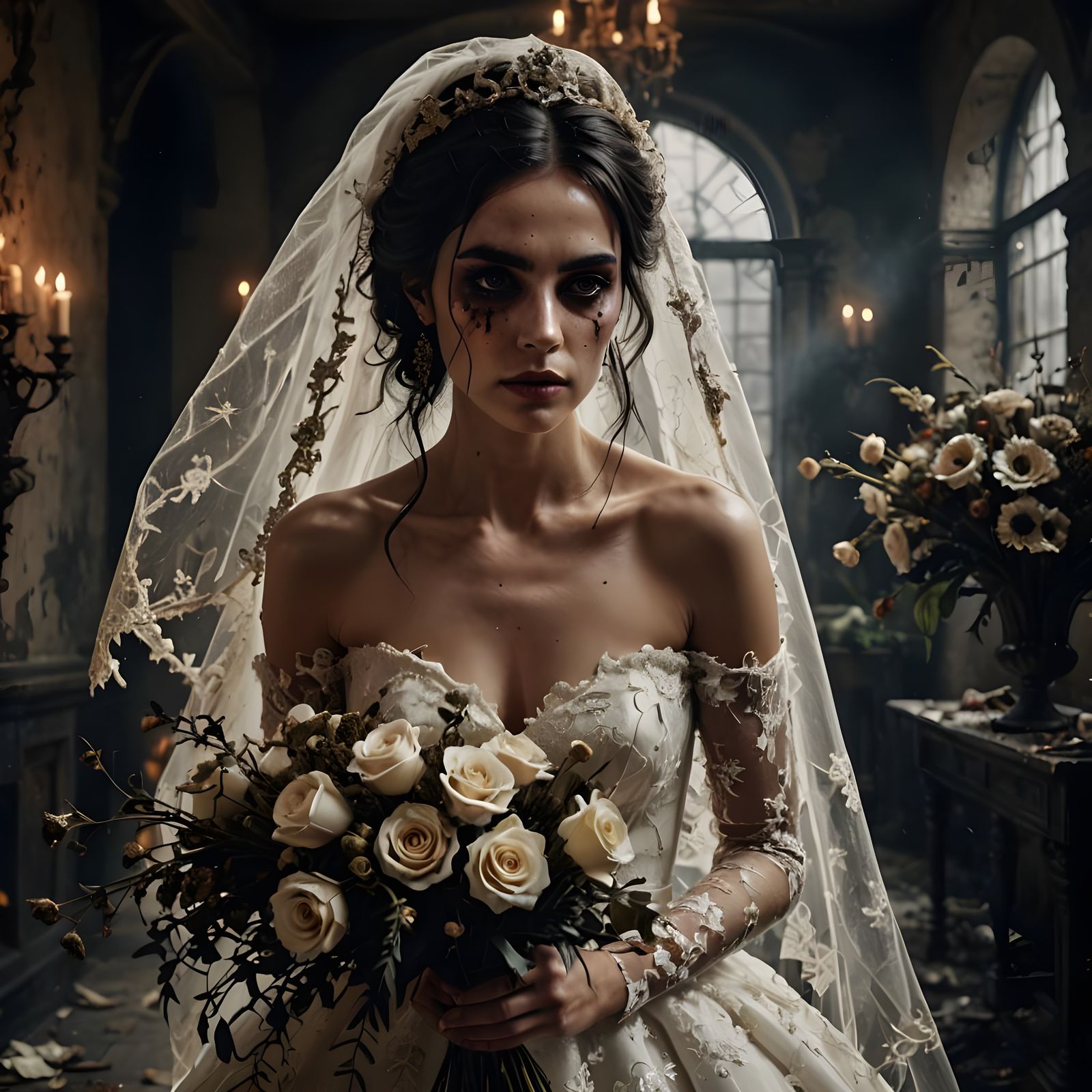 Mysterious Bride in Ivory Gown with Dark Ominous Presence