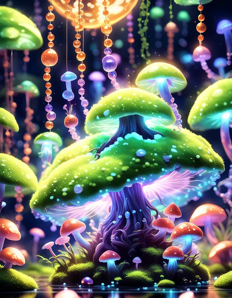 Neon Aura Chibi Fungi in Anime Style