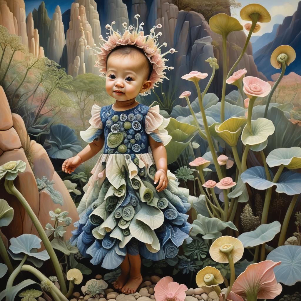 Infant in Desert Garden in Surreal Style