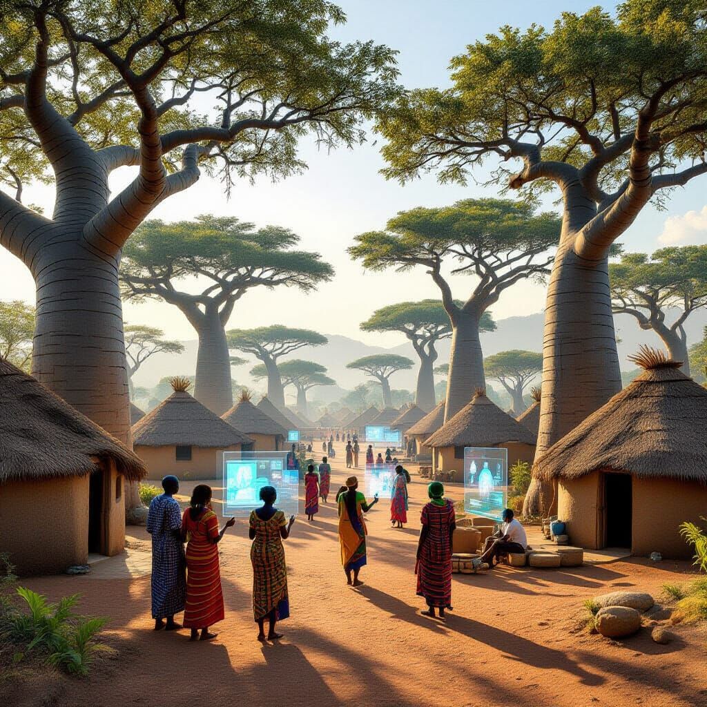 Futuristic Zambian Village with Holographic Projections