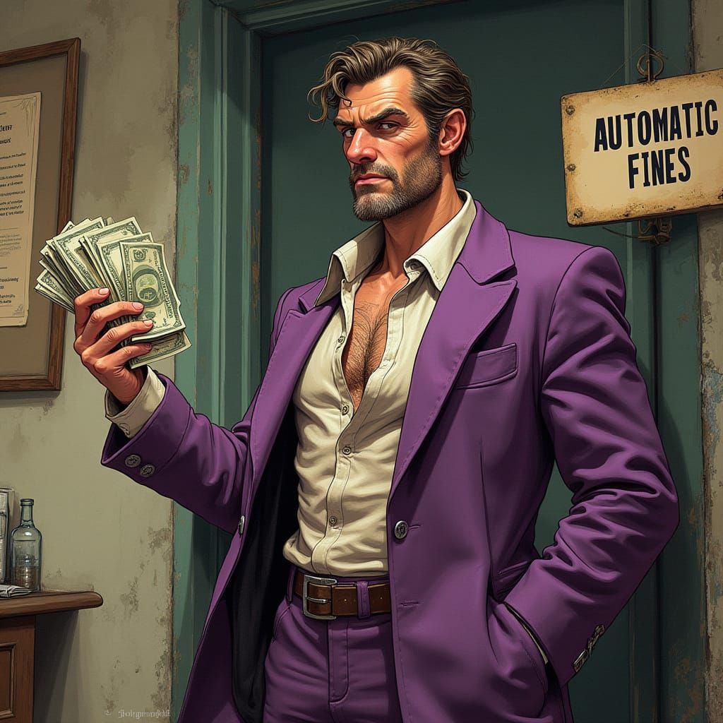 Disheveled Man in Purple Suit: Cartoonish Satire