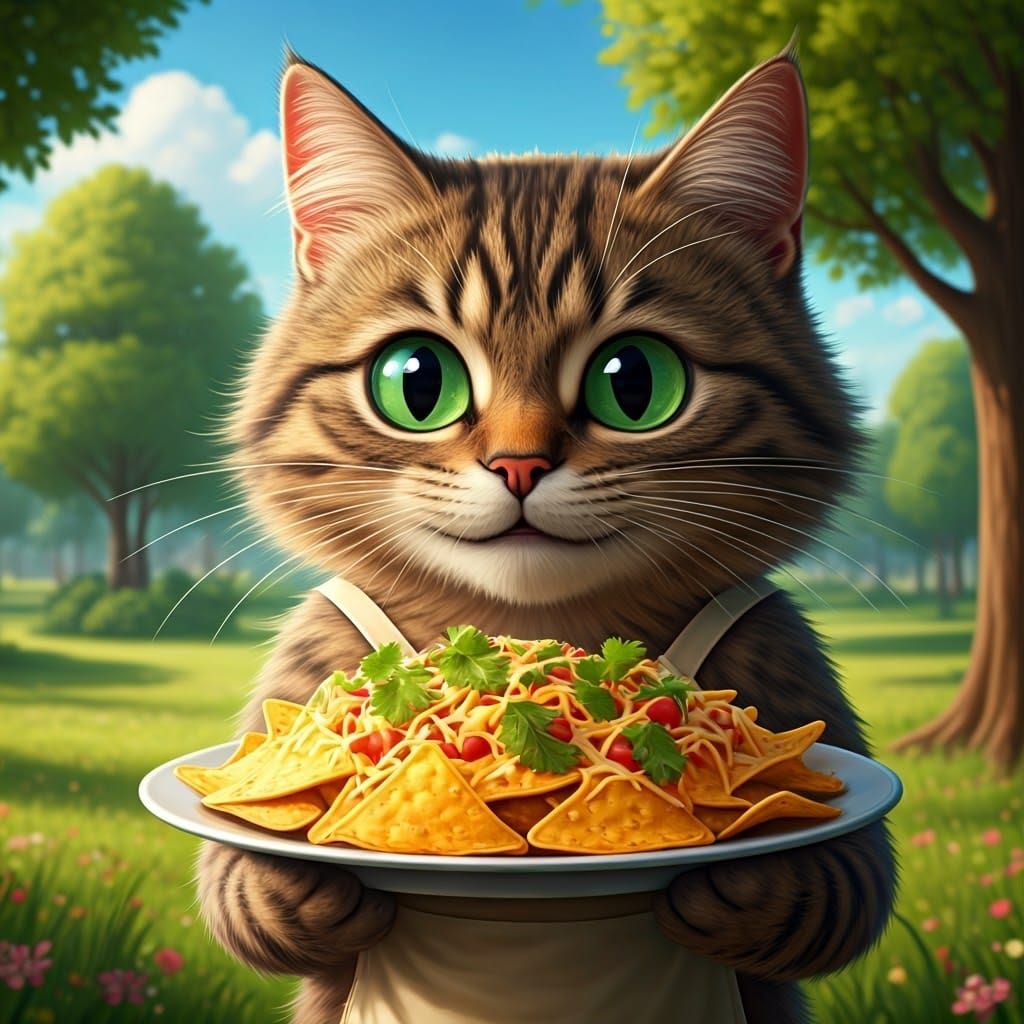 Whimsical Feline Nacho Chef in a Sunny Park