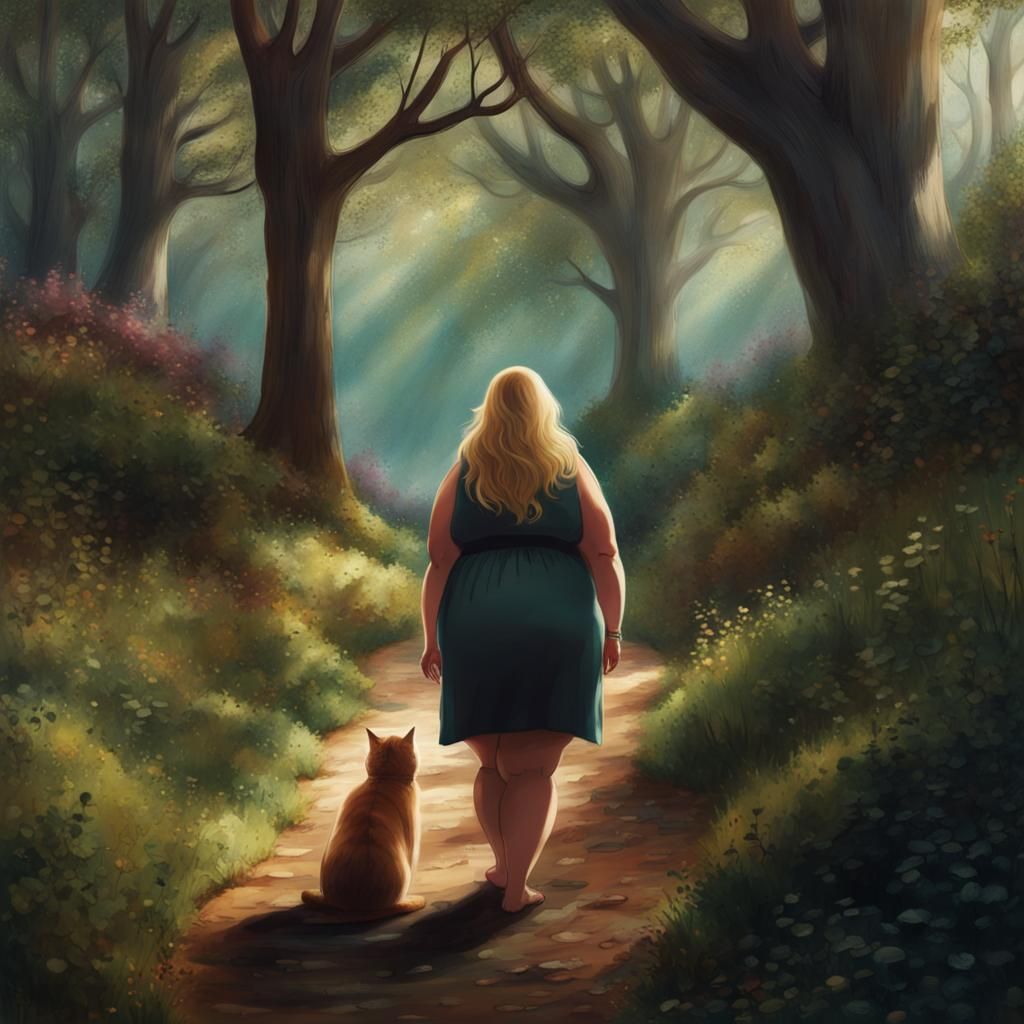 Magical Forest Trail with Calico Cat and Woman