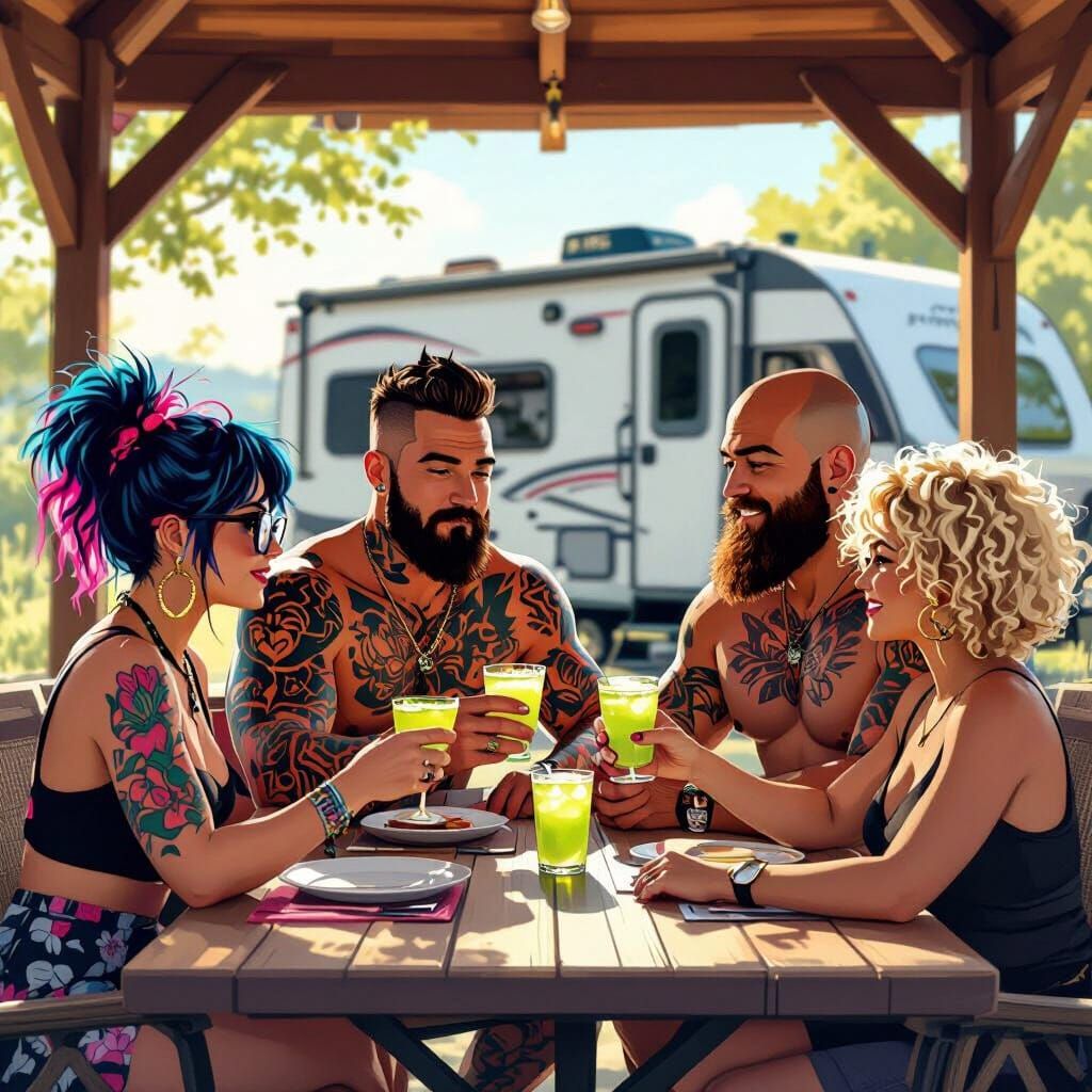 Friends Toasting Under Gazebo: Digital Painting