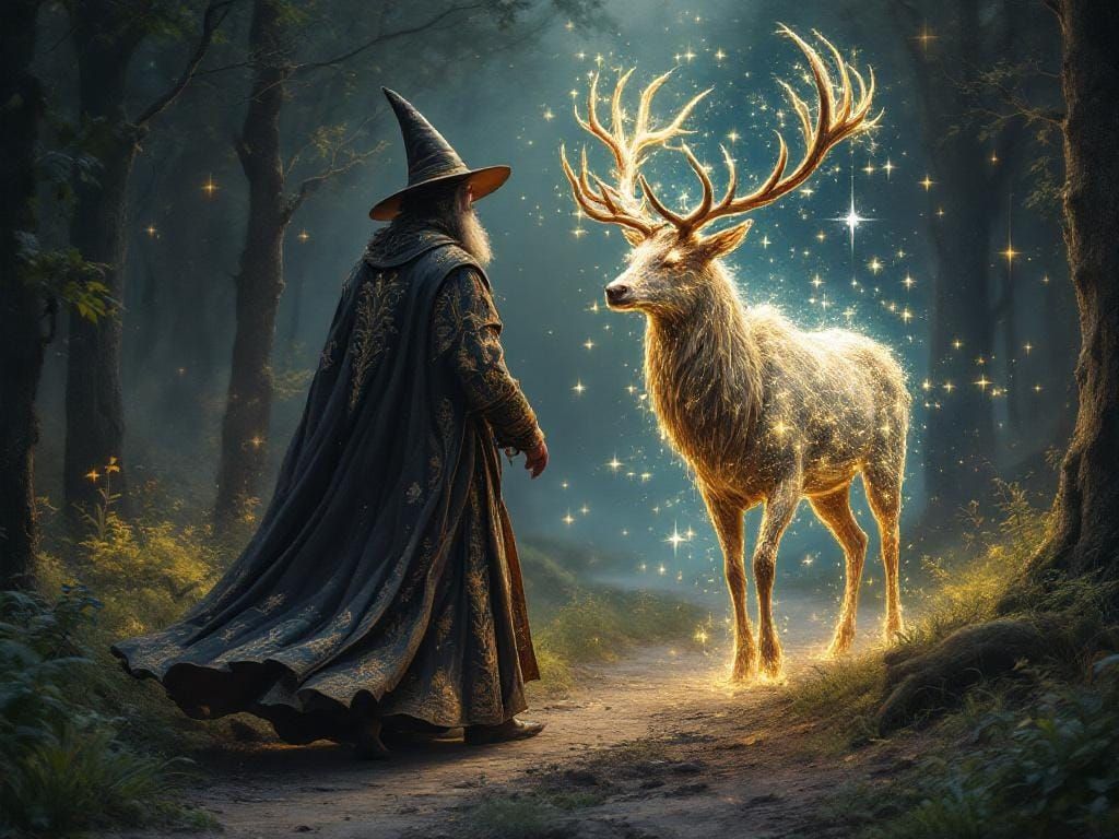 Mystical Stag and Medieval Wizard in Enchanted Forest
