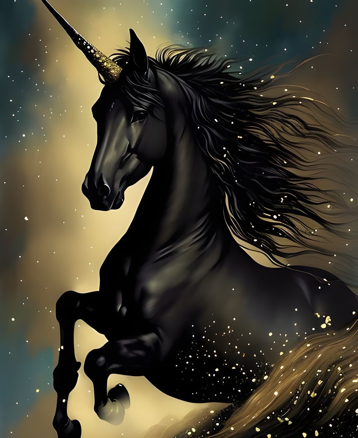 Majestic Black Unicorn with Gold Dust Particles
