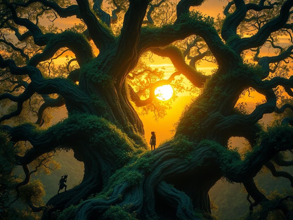 Enchanted Elves in Emerald Tree at Sunset
