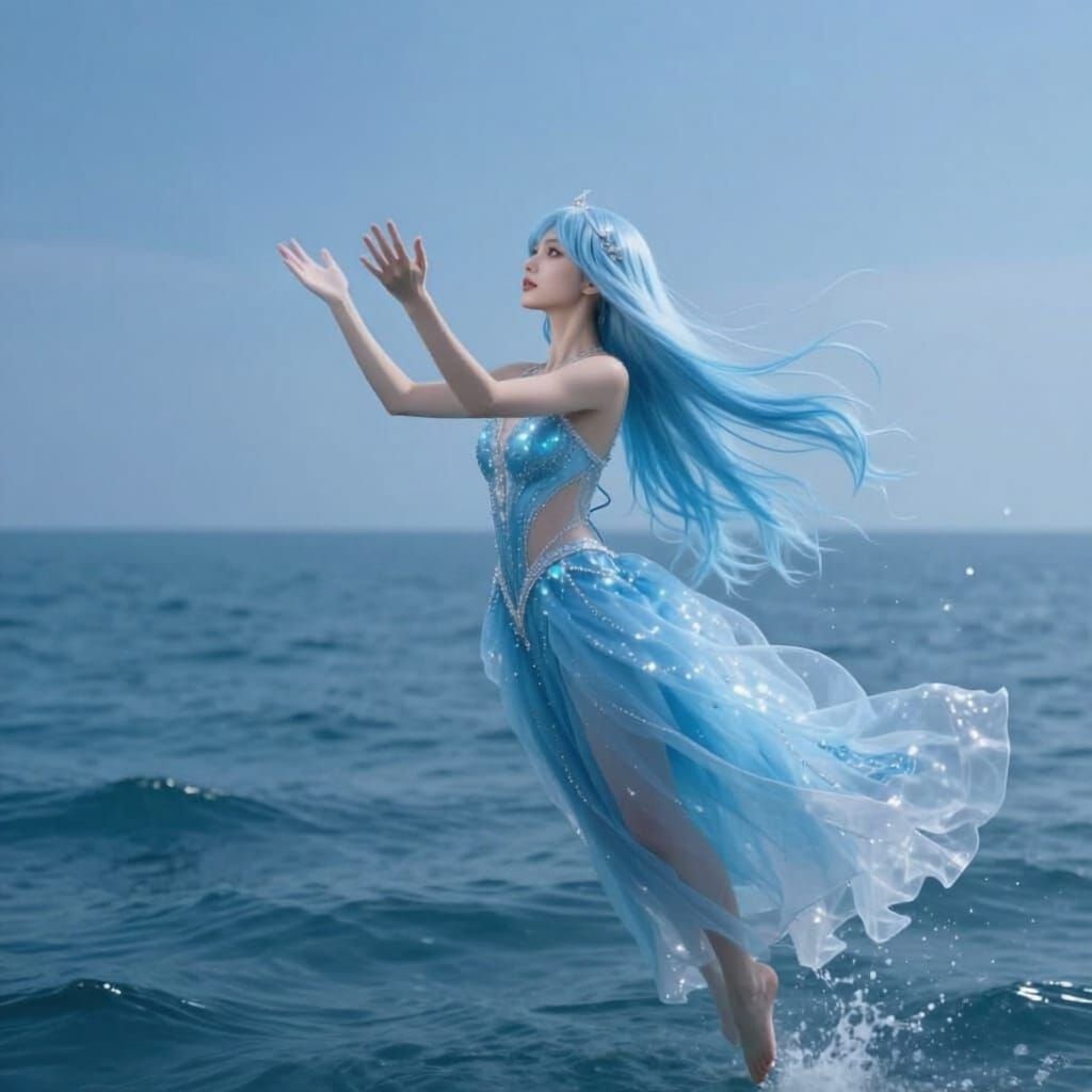 Aquarius Woman Summons Ocean Water in Ethereal Fantasy Style