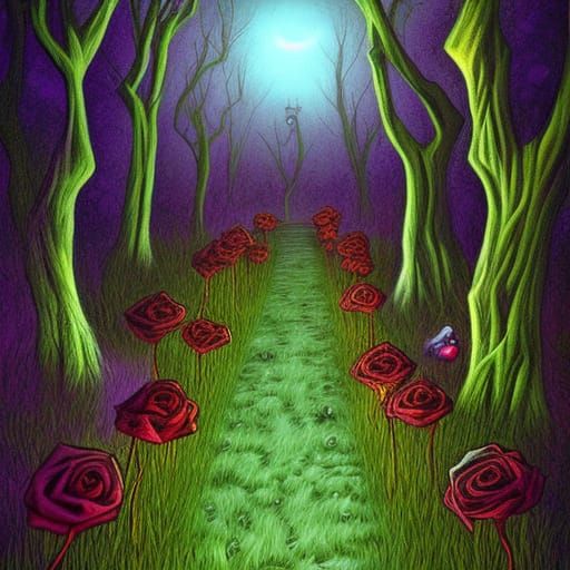 Halloween Rose Garden Fantasy in Neo-Impressionism Style