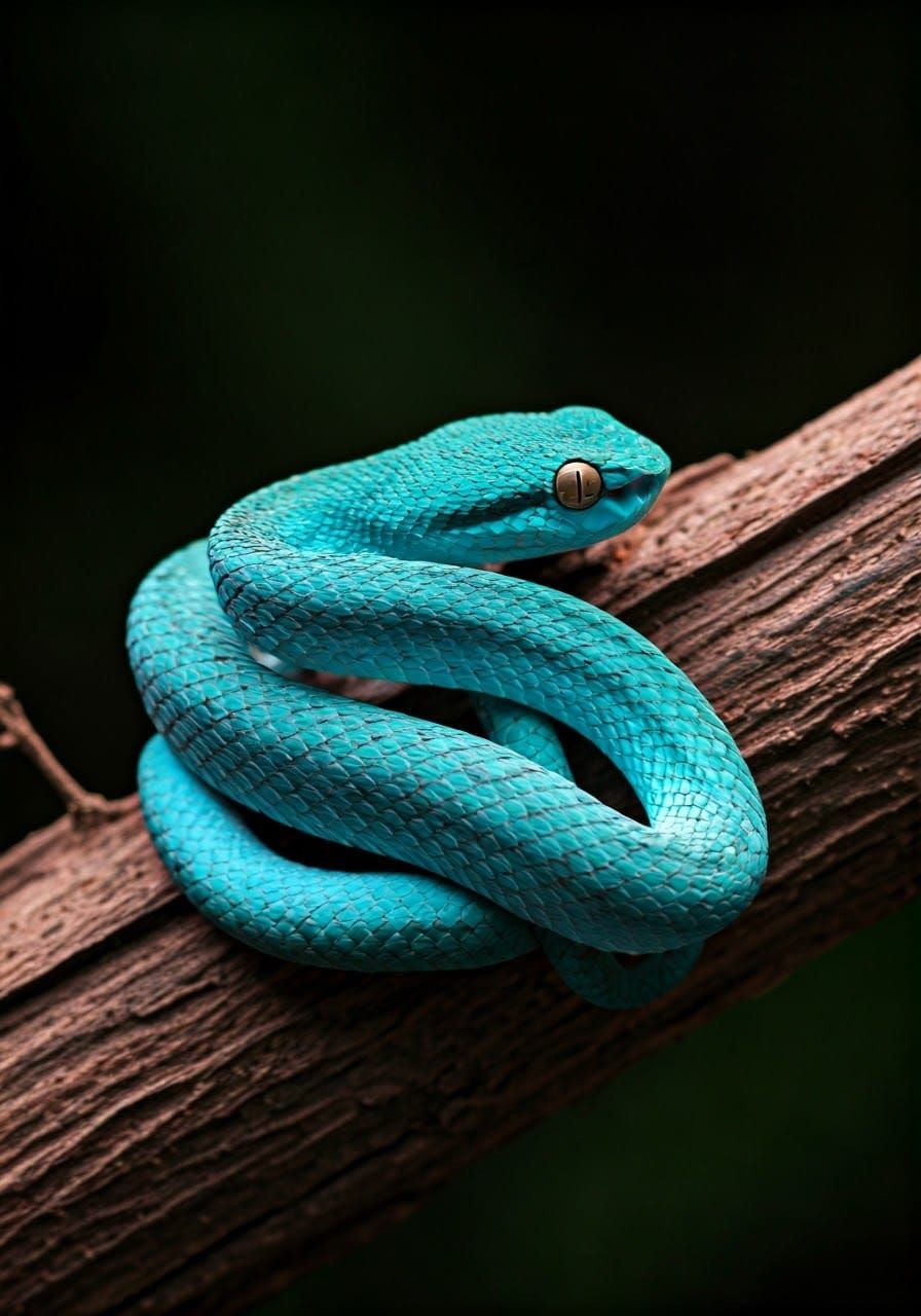Neon Snake Coiled on Branch: Macro Photography
