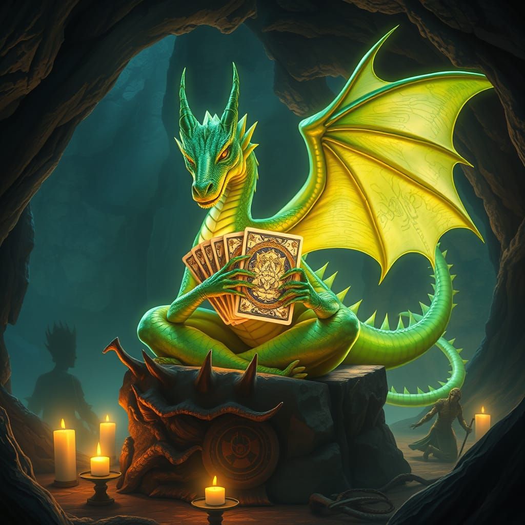 Mystical Green Dragon Contemplates Tarot Cards in Ancient Ca...