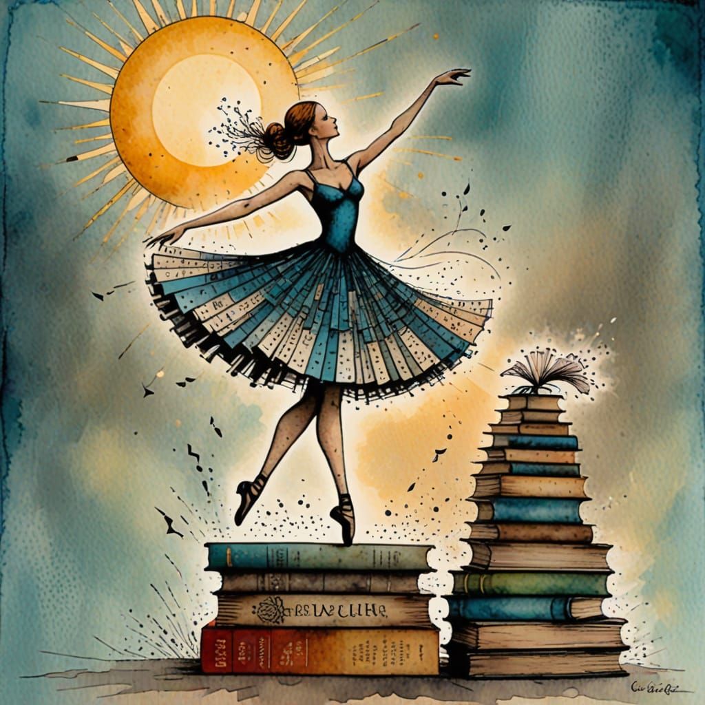 Whimsical Ballerina Reaches for a Book Amidst Stacked Volume...