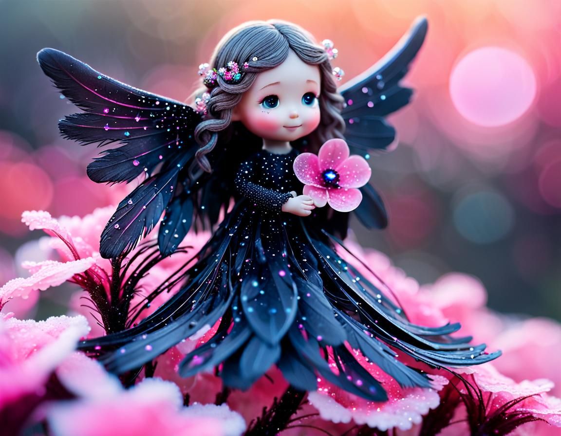 Detailed Angel with Iridescent Hair on Bioluminescent Flower