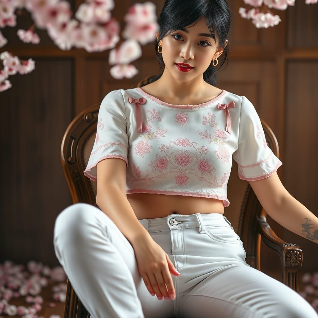 Photorealistic Portrait of a Woman in Embroidered Top