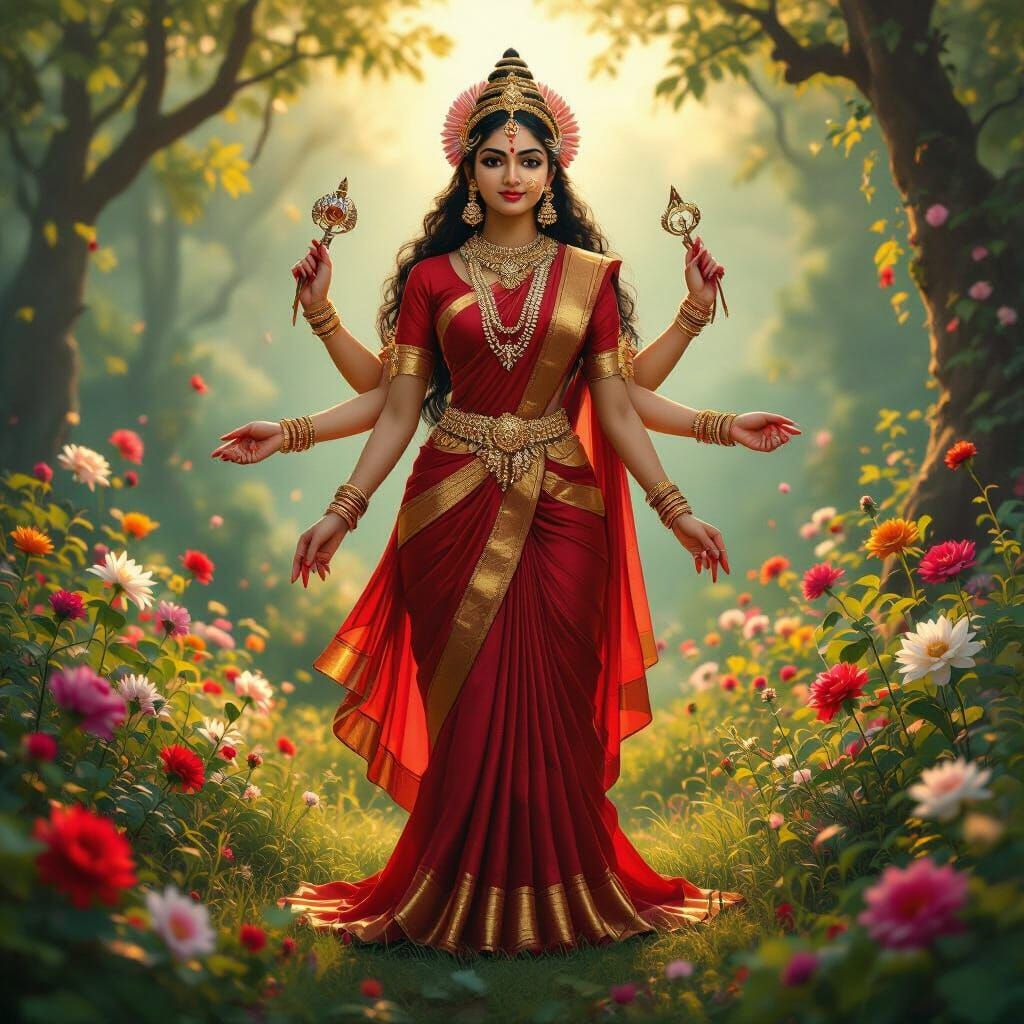 Majestic Durga in Forest, Ultra Realistic, Red Saree
