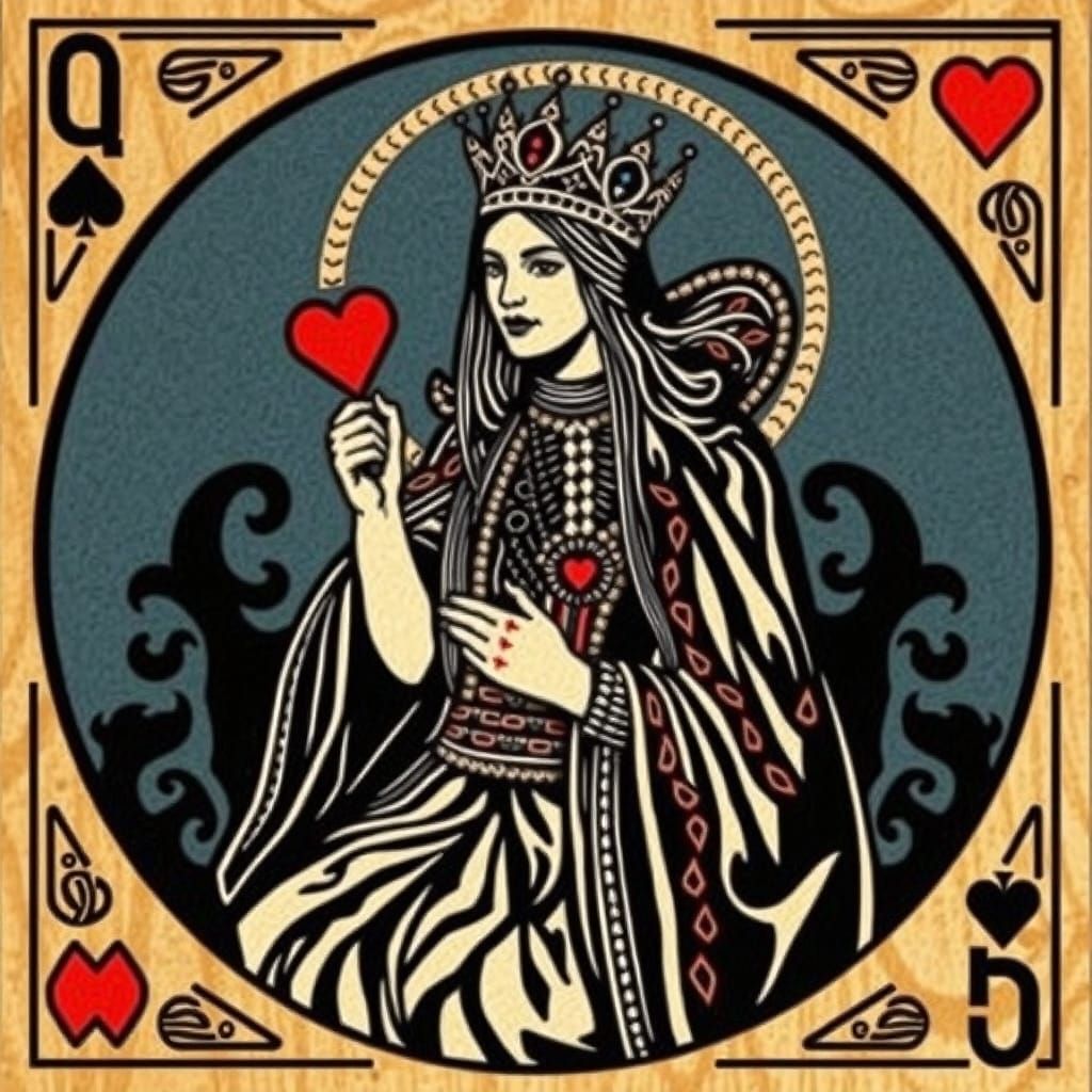 Queen of Hearts Card in Woodcut Style