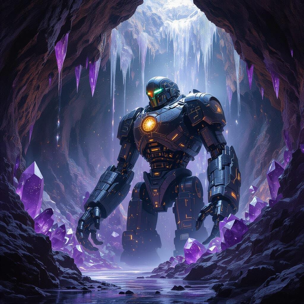 Ancient Obsidian Automaton in Crystal Cavern