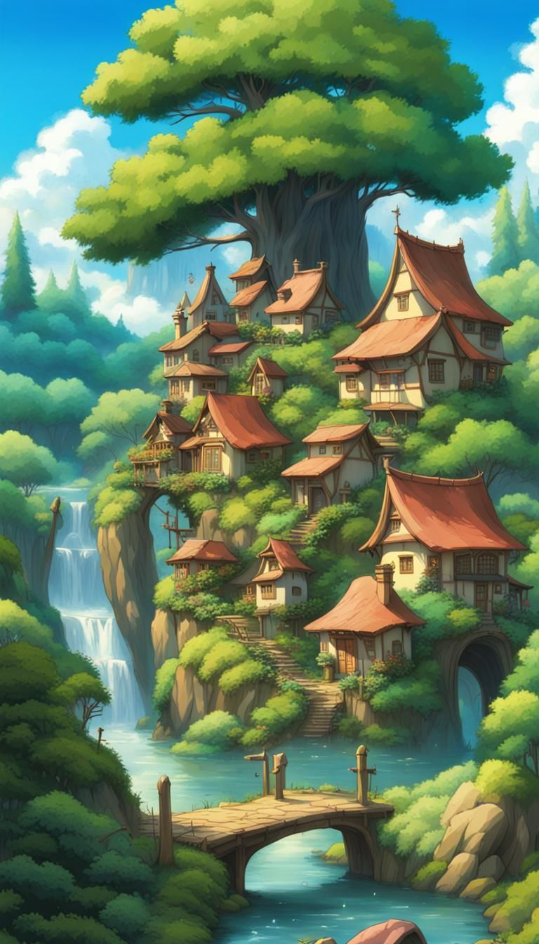 Ghibli Style Fairy Village in Magical Forest