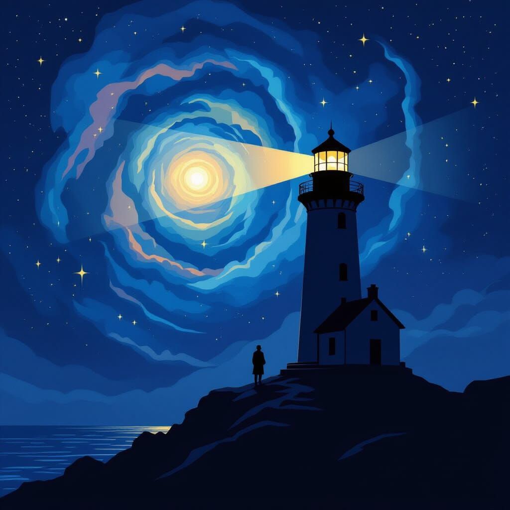 Lighthouse Keeper Against Cosmic Nebula in Minimalist Style
