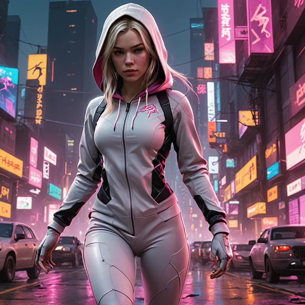Cyberpunk Spider-Gwen in Neon Cityscape