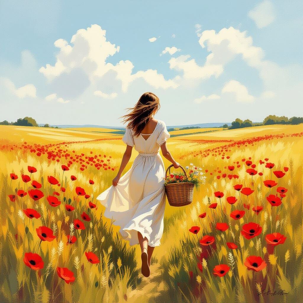 Woman in Popppy Meadow with Wildflower Basket