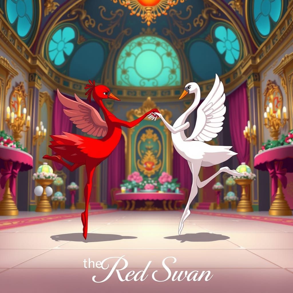 Red and White Swans Ballet in Ornate Ballroom