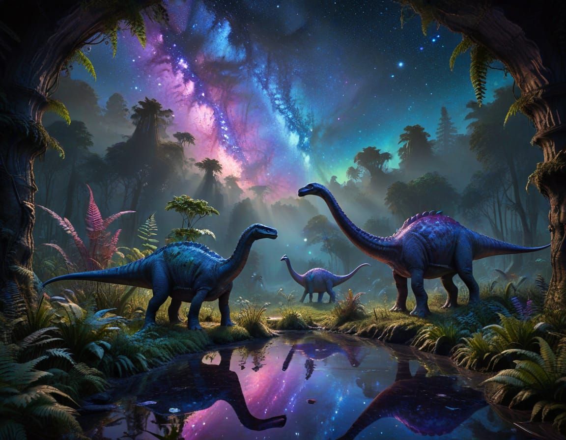 Diplodocus Family Grazing Under Colorful Milky Way