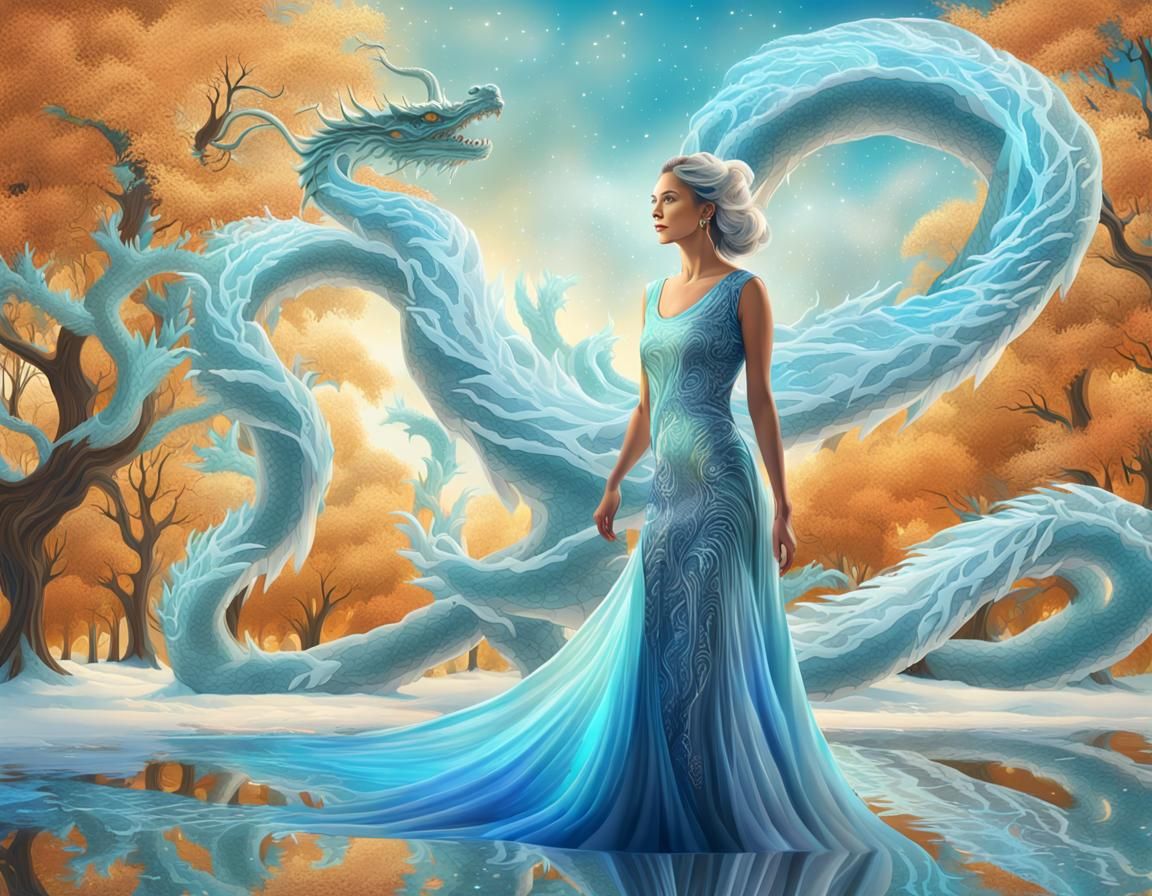 Ice Queen with Dragon Dress: Surreal Digital Art
