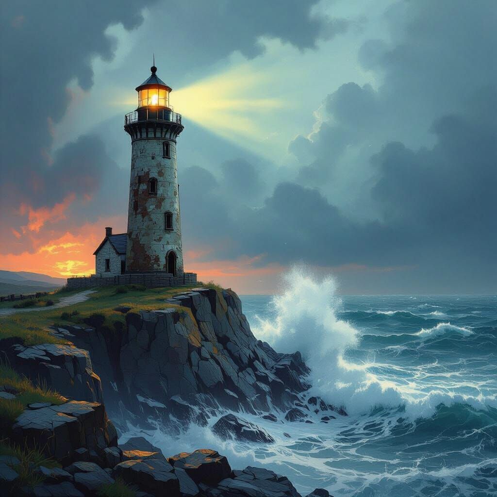 Weathered Lighthouse Beams Through Stormy Seas