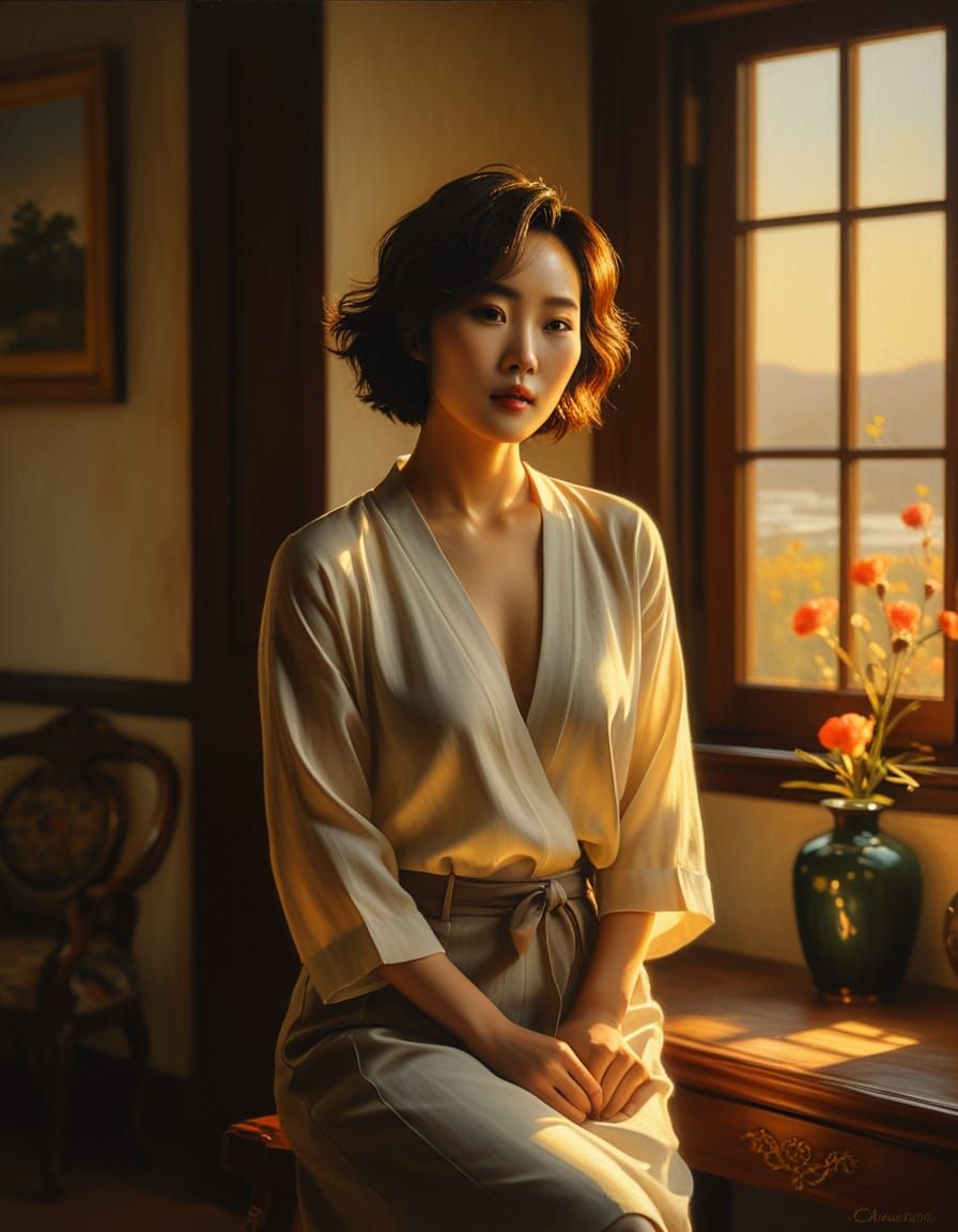 Woman in Golden Hour Light, Oil Painting Style