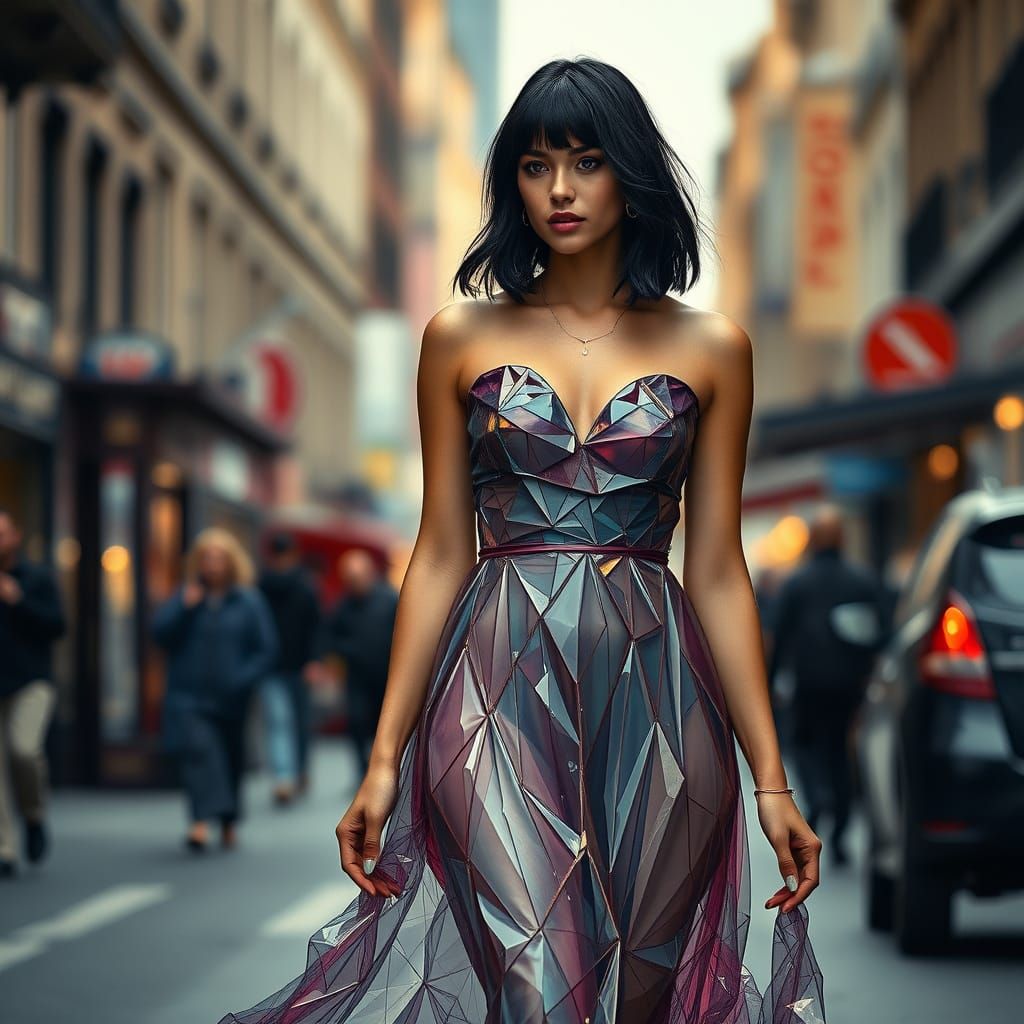 Woman in Flowing Glass Dress on Moody City Street
