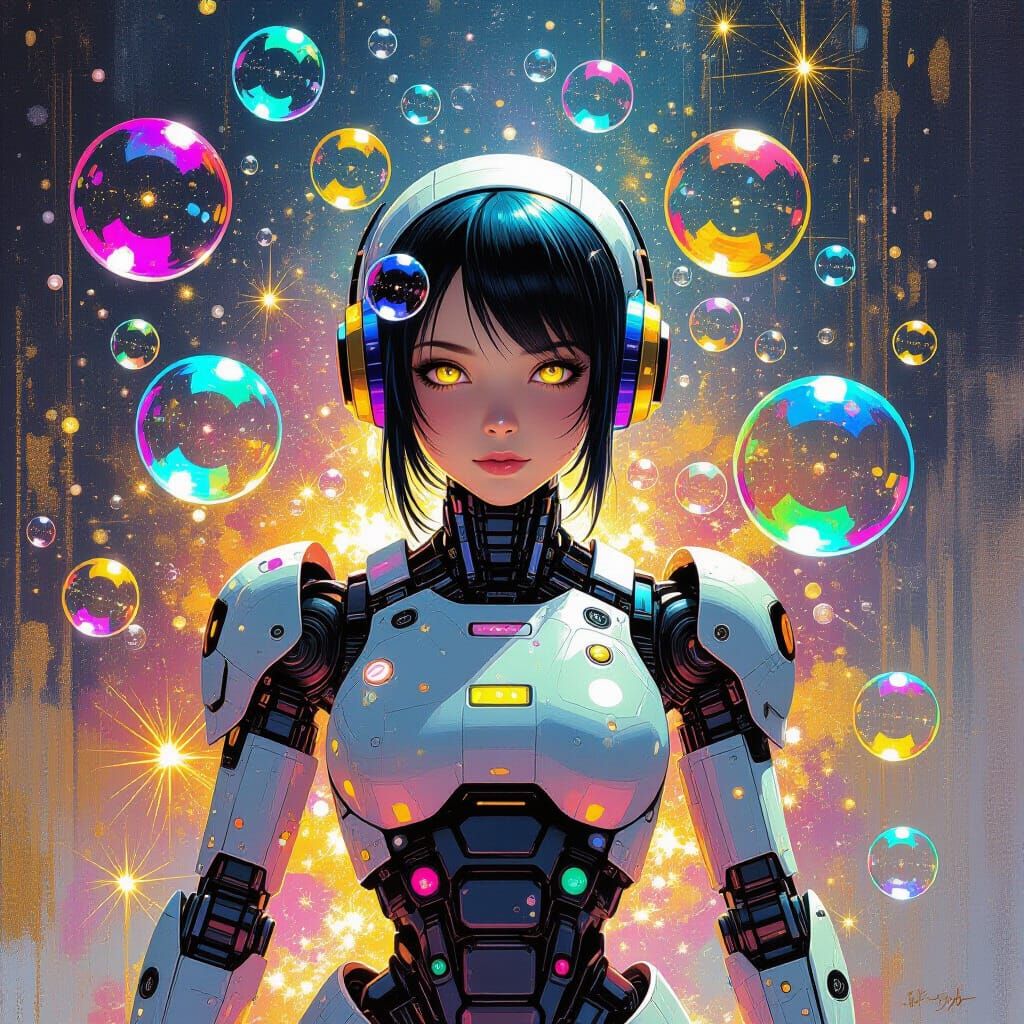 Robot Girl Surrounded by Bubbles in Oil Paint Style