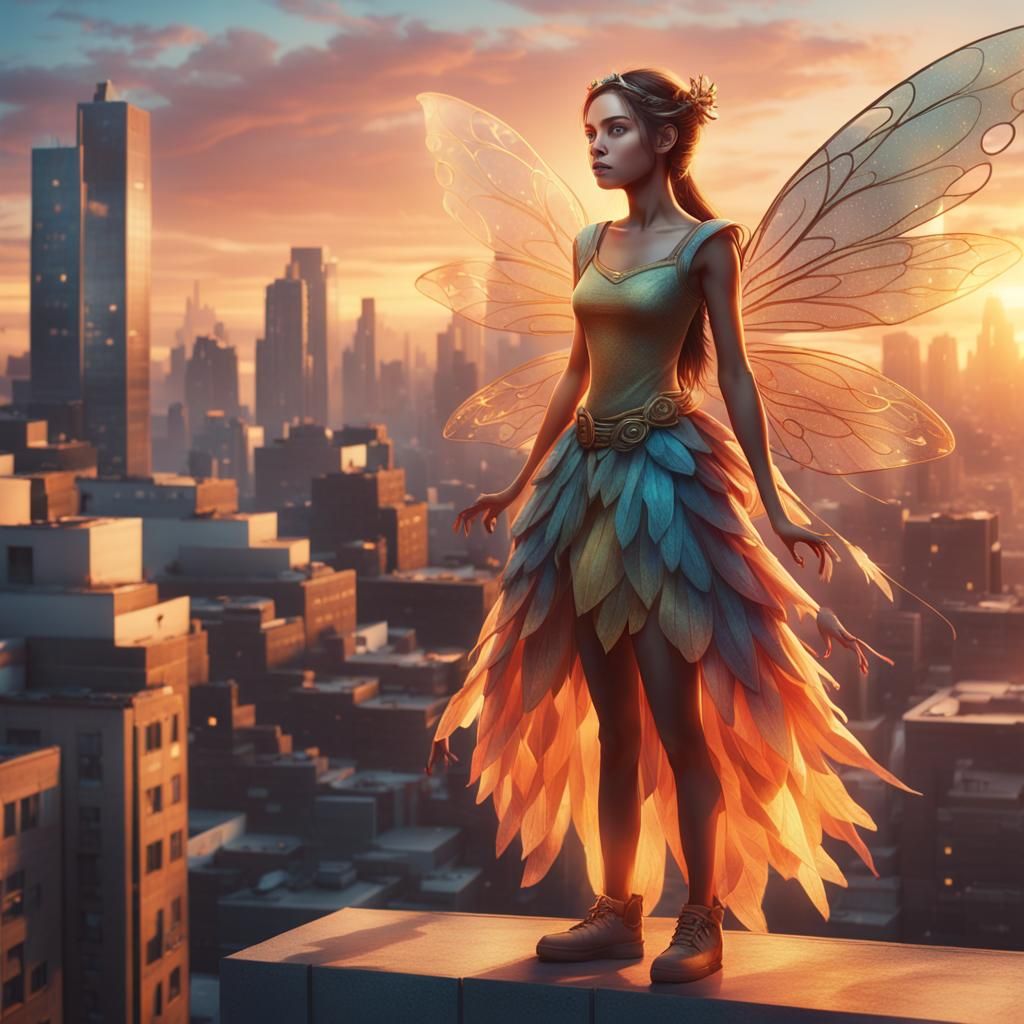 Magical Fairy on City Rooftop at Sunset