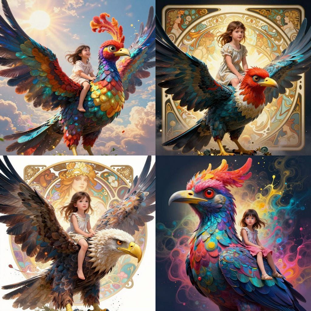 Girl Rides Giant Bird in Concept Art Style