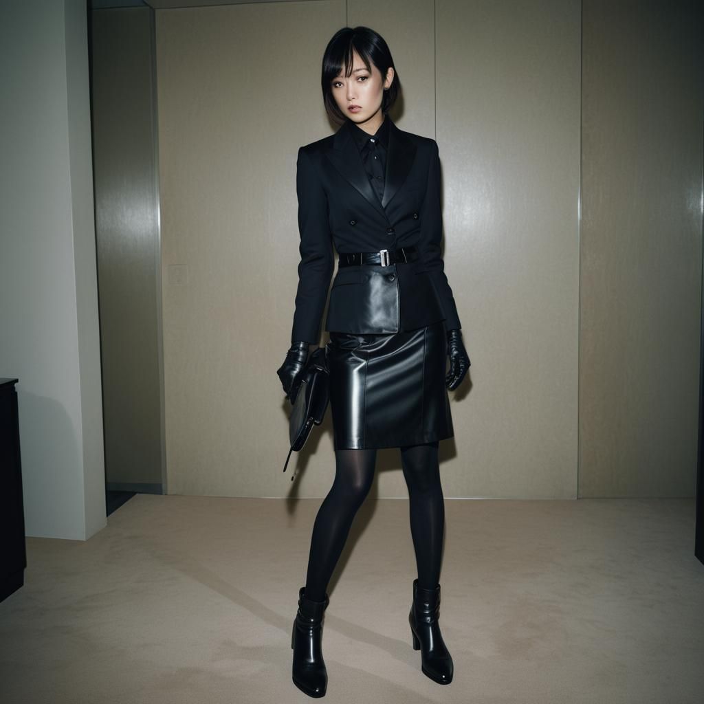 A full-body image of Chiaki Kuriyama, angry face, dressed in a strict black business suit, black leather gloves, straigh...