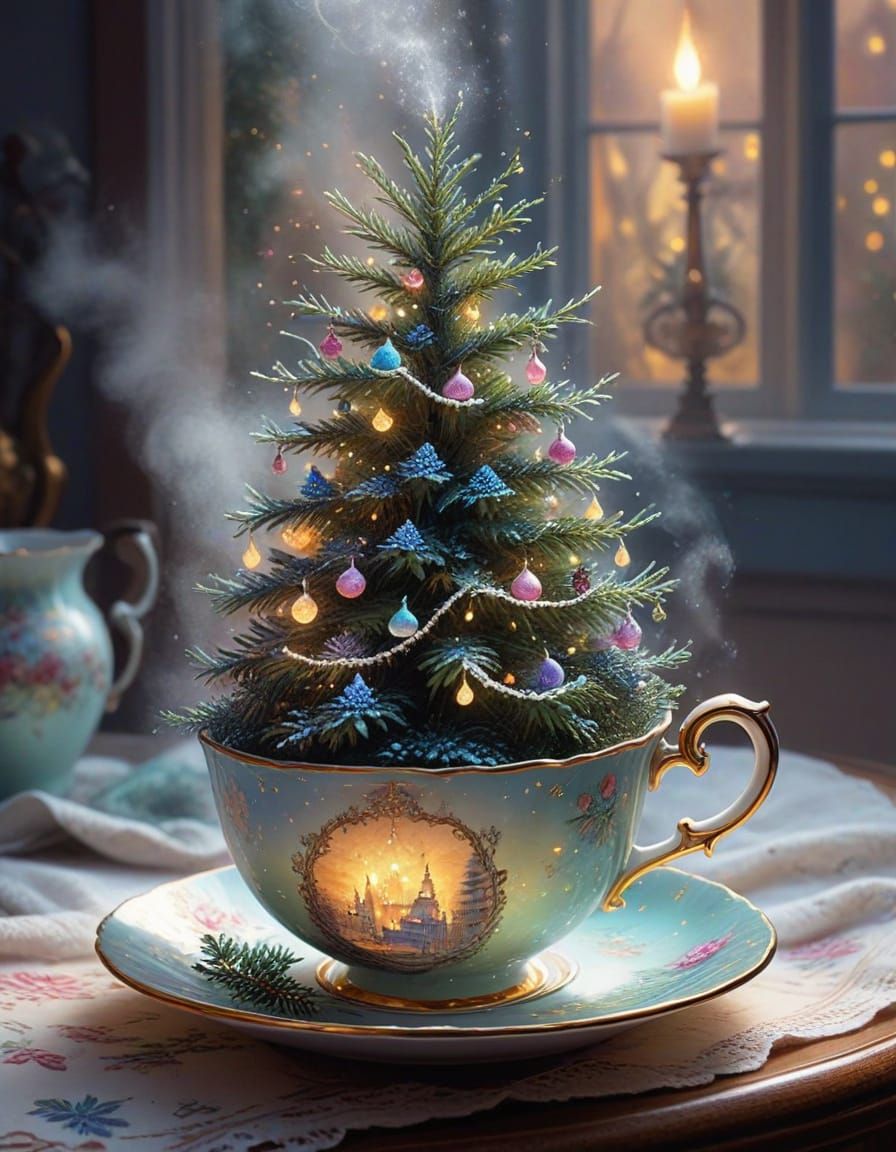 Christmas Tree Grows From Teacup in Ethereal Fantasy Style