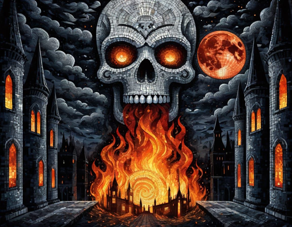 Gothic Townscape Under Dark Fantasy Mosaic Skies