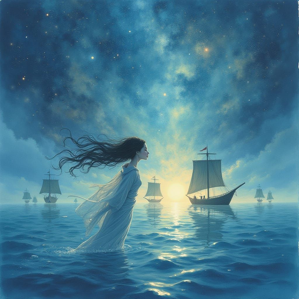 A surreal dreamscape where a Japanese girl with glowing, eth...