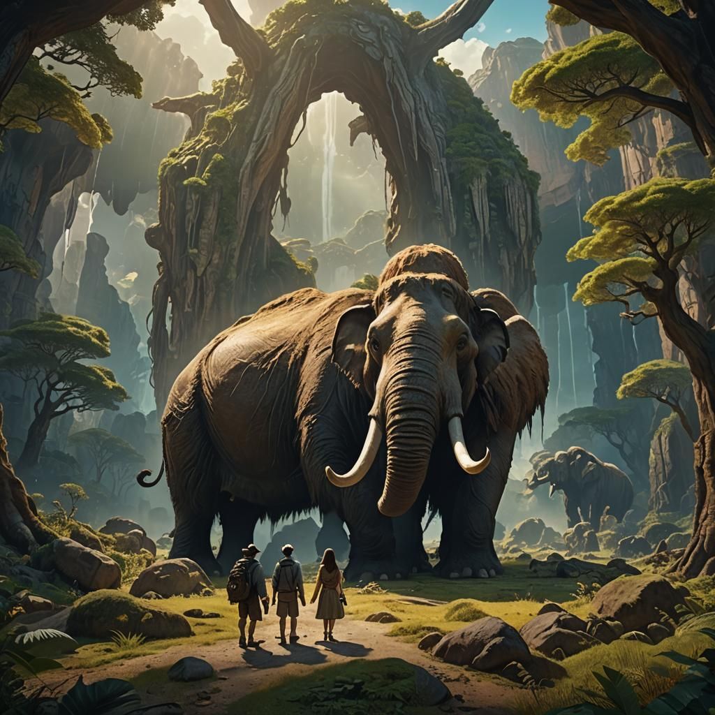 Time Traveler and Wife with Mammoth in Fantasy Landscape