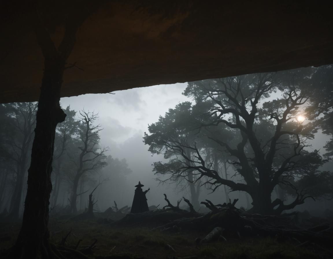 Eerie Witchcraft in Misty Forest: Dark Fantasy Art