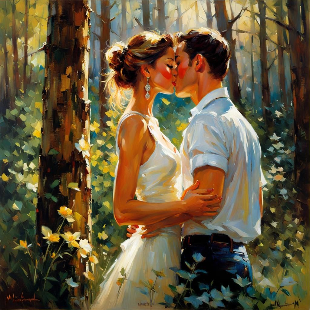 Romantic Kiss in Forest: Impressionistic Style