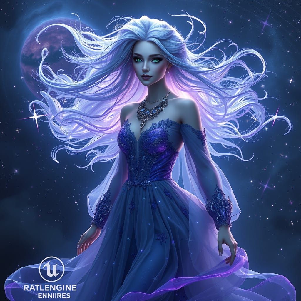 Celestial Sorceress in Star-Embroidered Gown