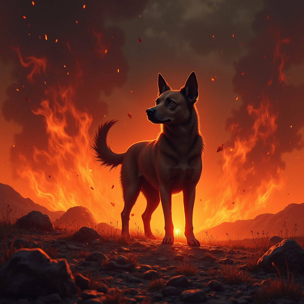 Dog in Fiery Landscape in Dark Surrealist Style