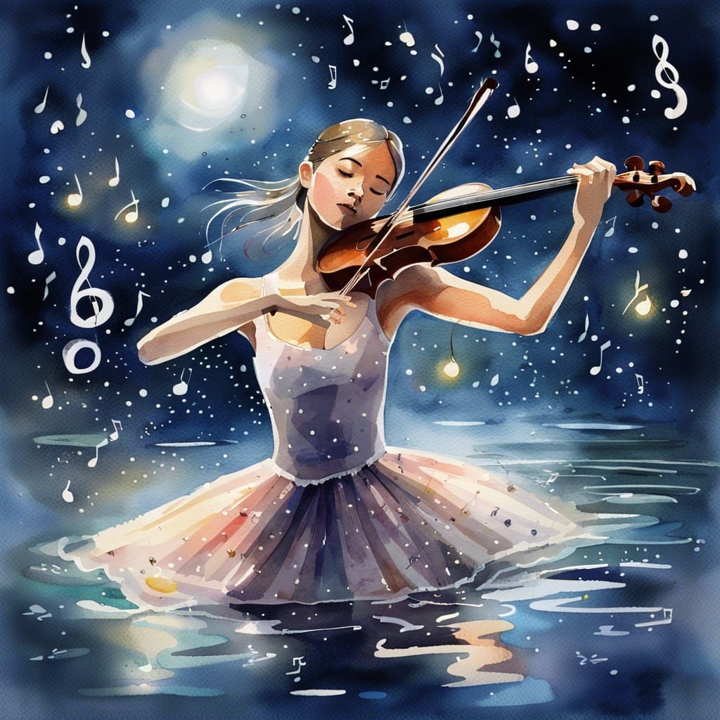 Watercolor Ballet Dancer Playing Violin in Moonlight