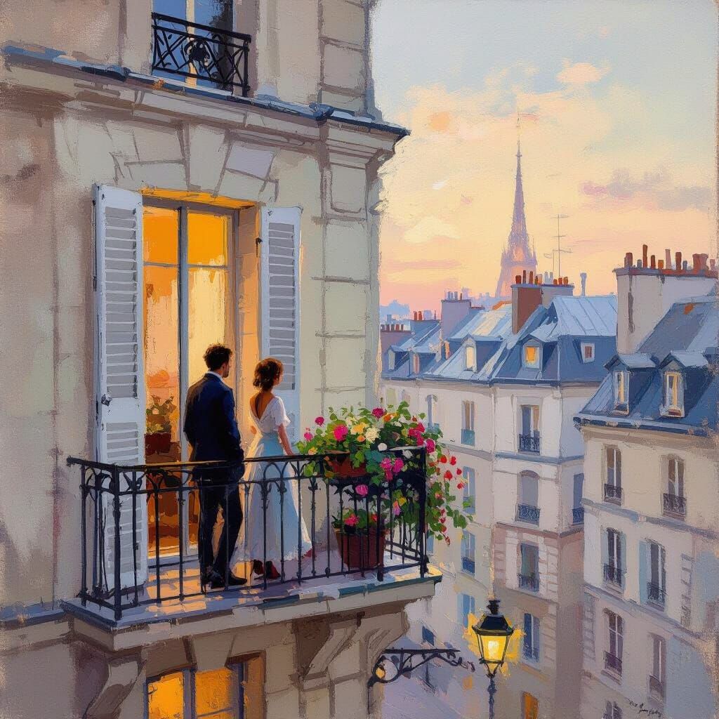 Parisian Balcony Scene in Soft Painterly Style