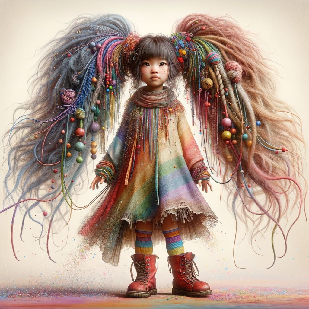 Colorful Girl with Wild Pigtails in Stylized Illustration