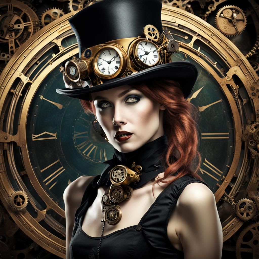 Steampunk Woman in Mechanical Clockwork Hat
