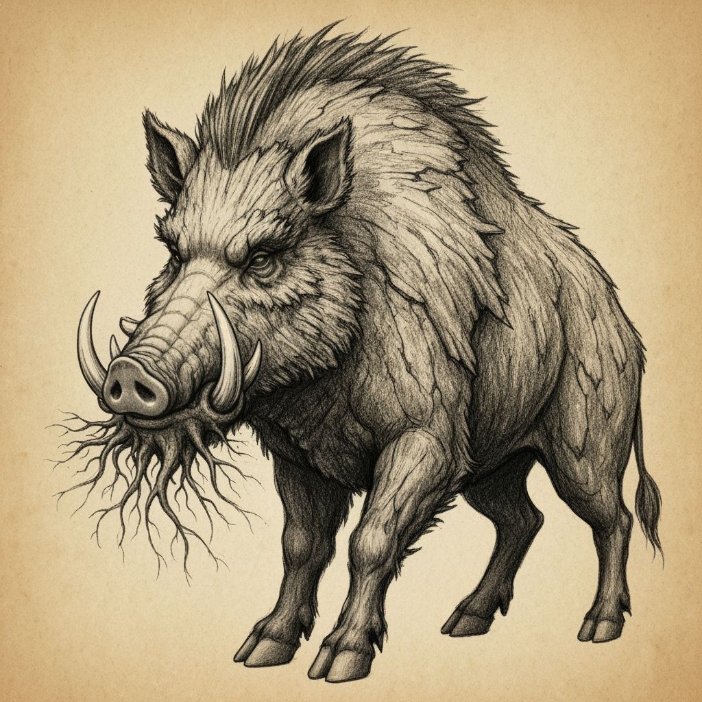 Boar Spirit Drawing with Root Tusks